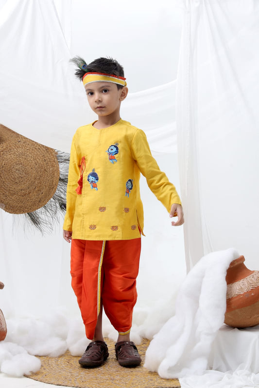 Yellow Angrakha Krishna Applique And Hand Embroidered Kurta With Dhoti Set