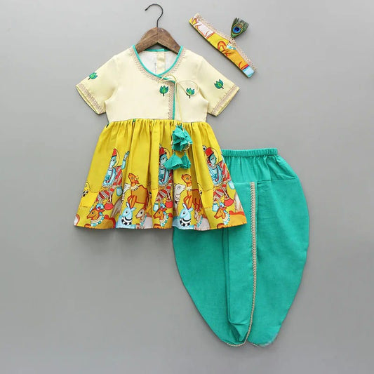 Yellow Printed Radha Top With Dhoti Set