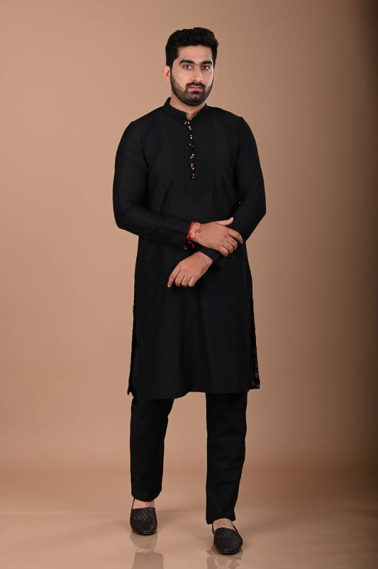 Black Pintux Kurta Pajama Set