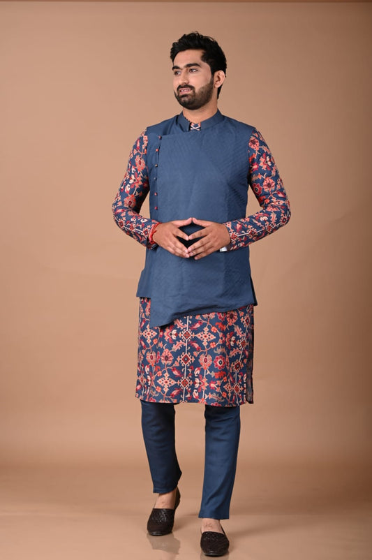 Sapphir Blue Ikkat Print Kurta With Asymmetrical Bundi Pajama Set