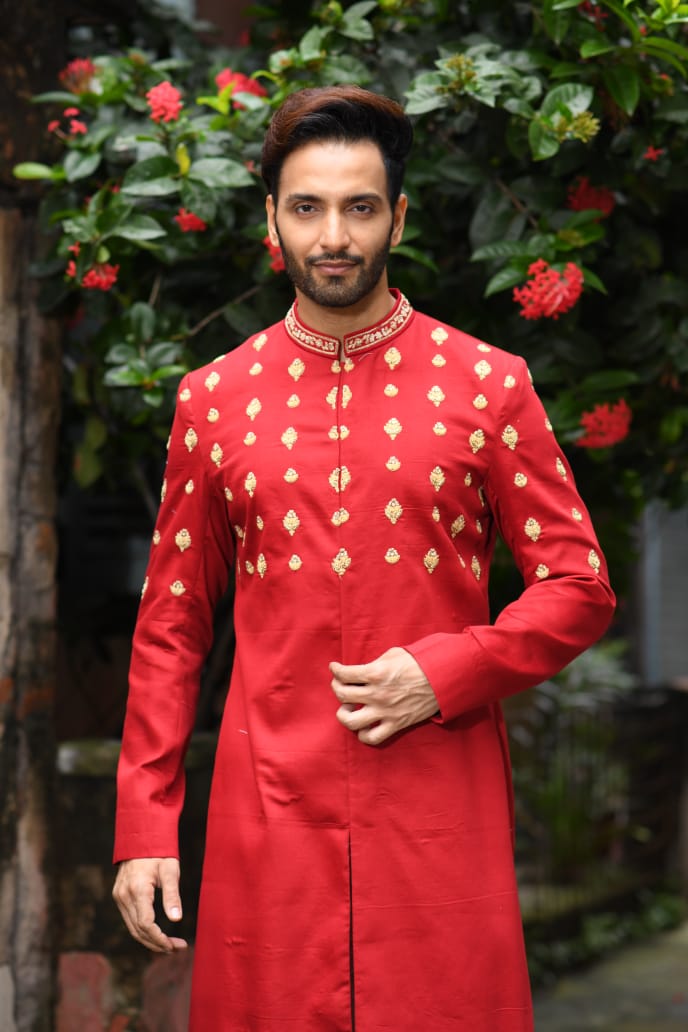 Maroon Sherwani With Zardosi Hand Embroidered Boota With Churidar Set