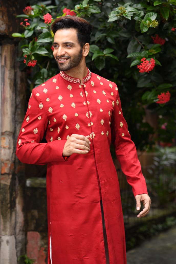 Maroon Sherwani With Zardosi Hand Embroidered Boota With Churidar Set