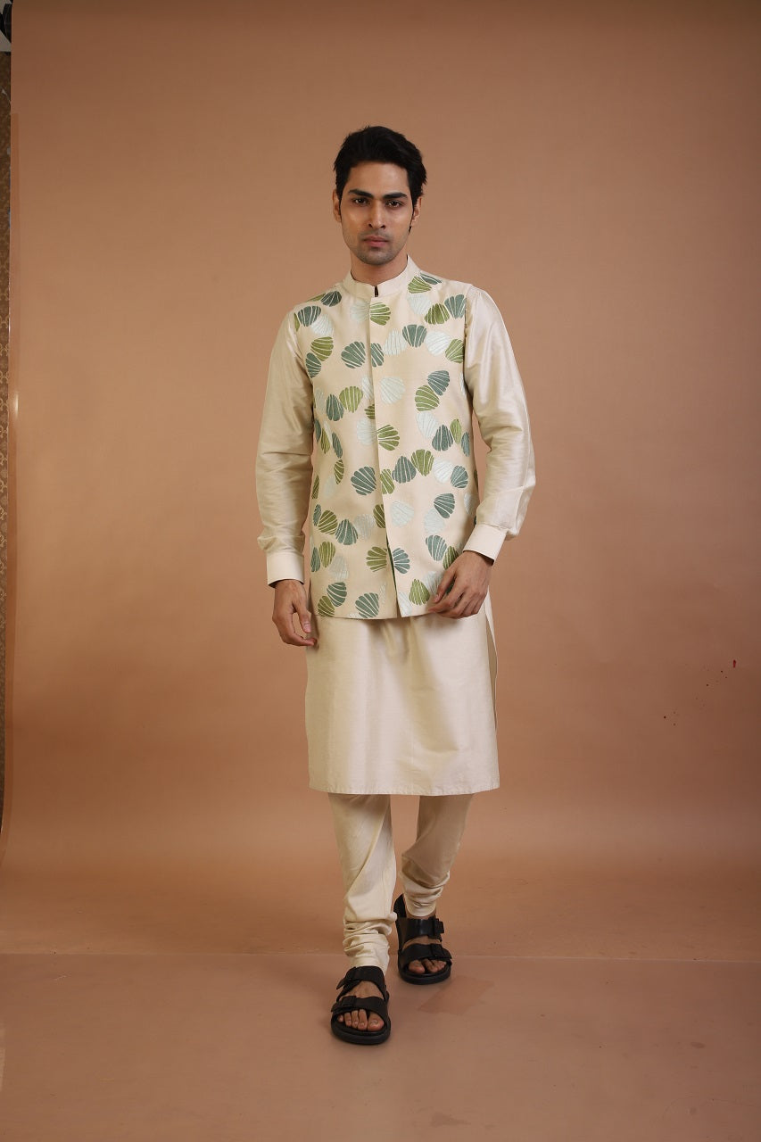 Beige Plain Kurta With Quirky Emroidered Bundi Churidar Set