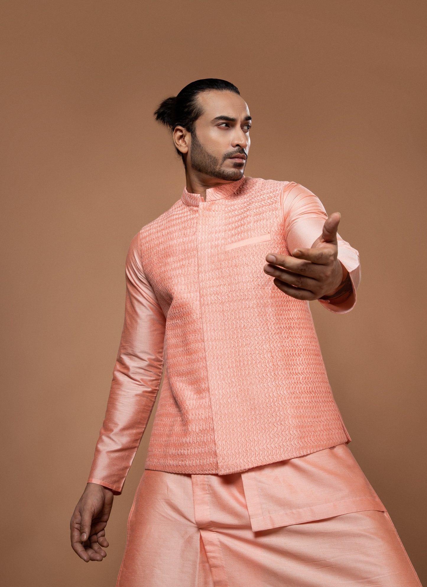 Pink Layer Stylish Kurta With Heavy Pintux And Emrphoidered Bundi Pajama Set