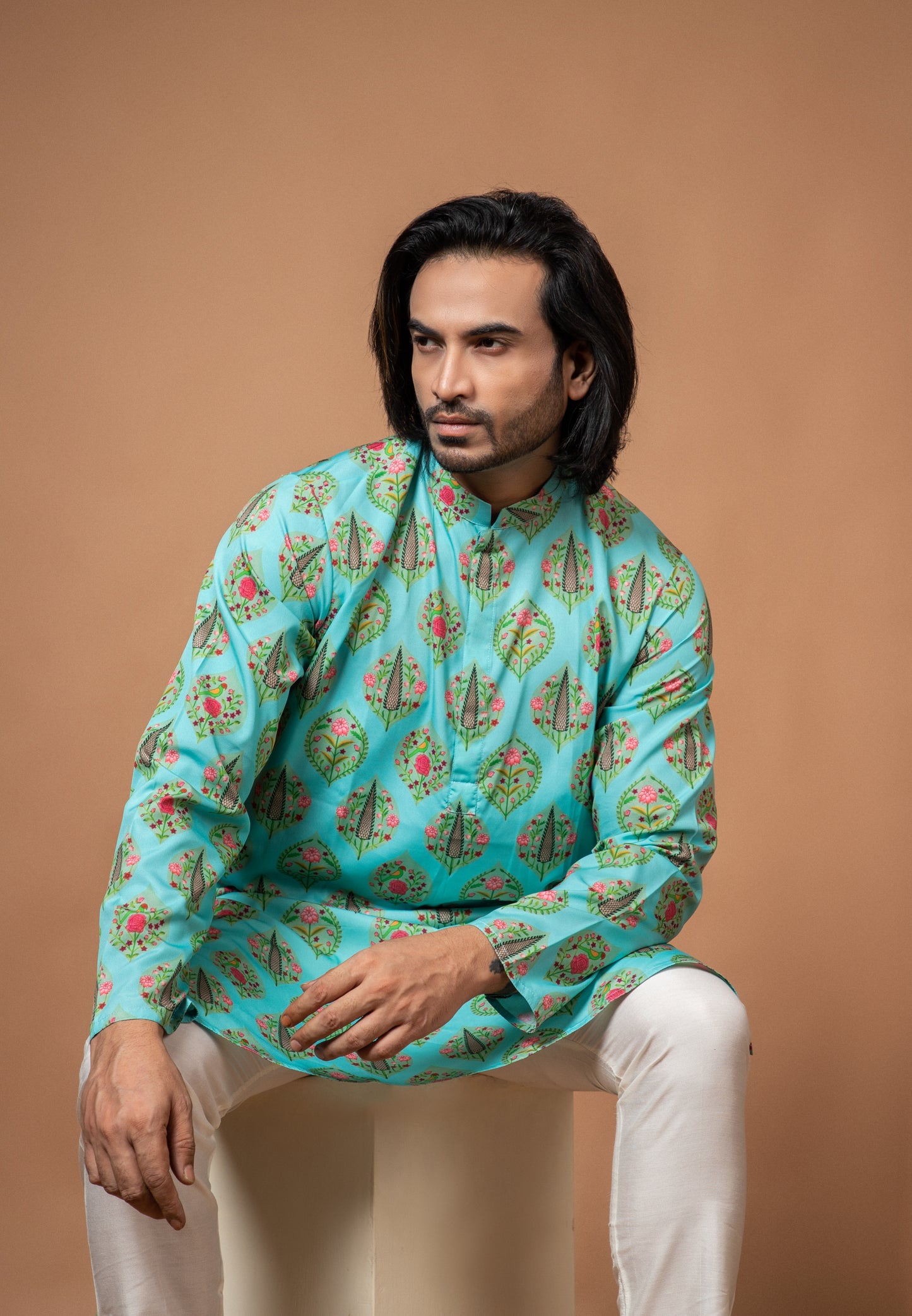 Aqua Blue Traditinal Printed Kurta With Pajamna Set