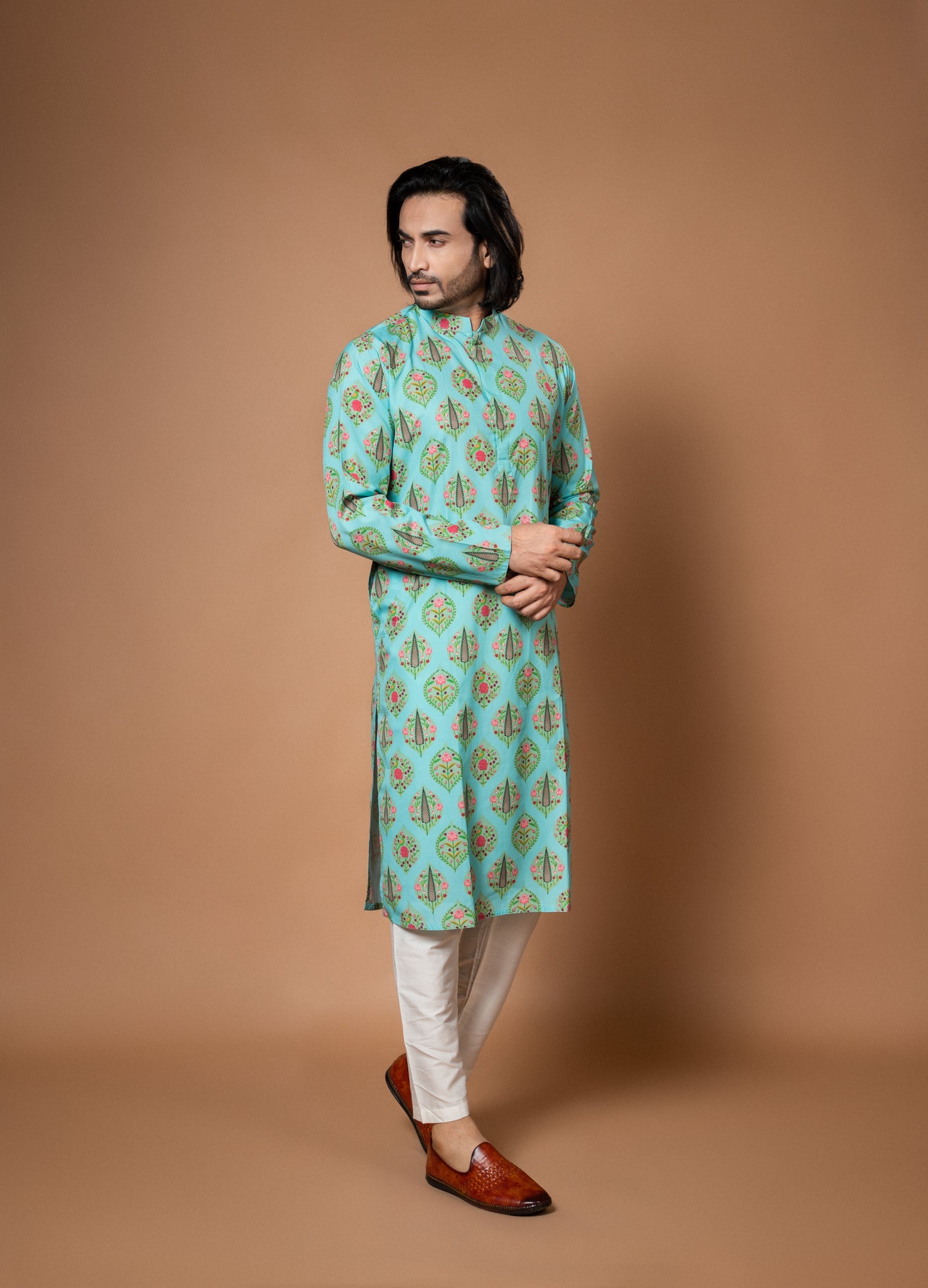 Aqua Blue Traditinal Printed Kurta With Pajamna Set