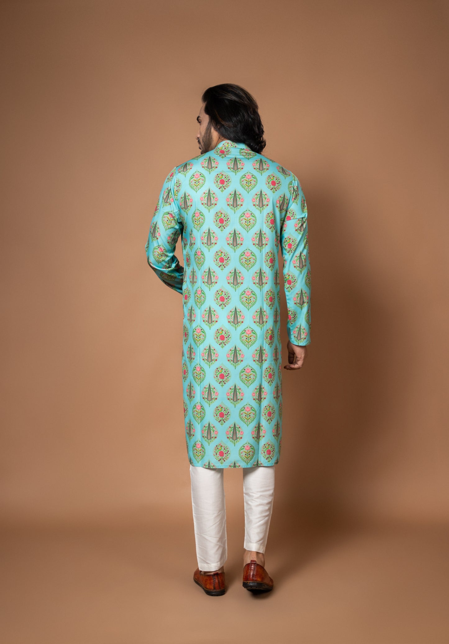 Aqua Blue Traditinal Printed Kurta With Pajamna Set