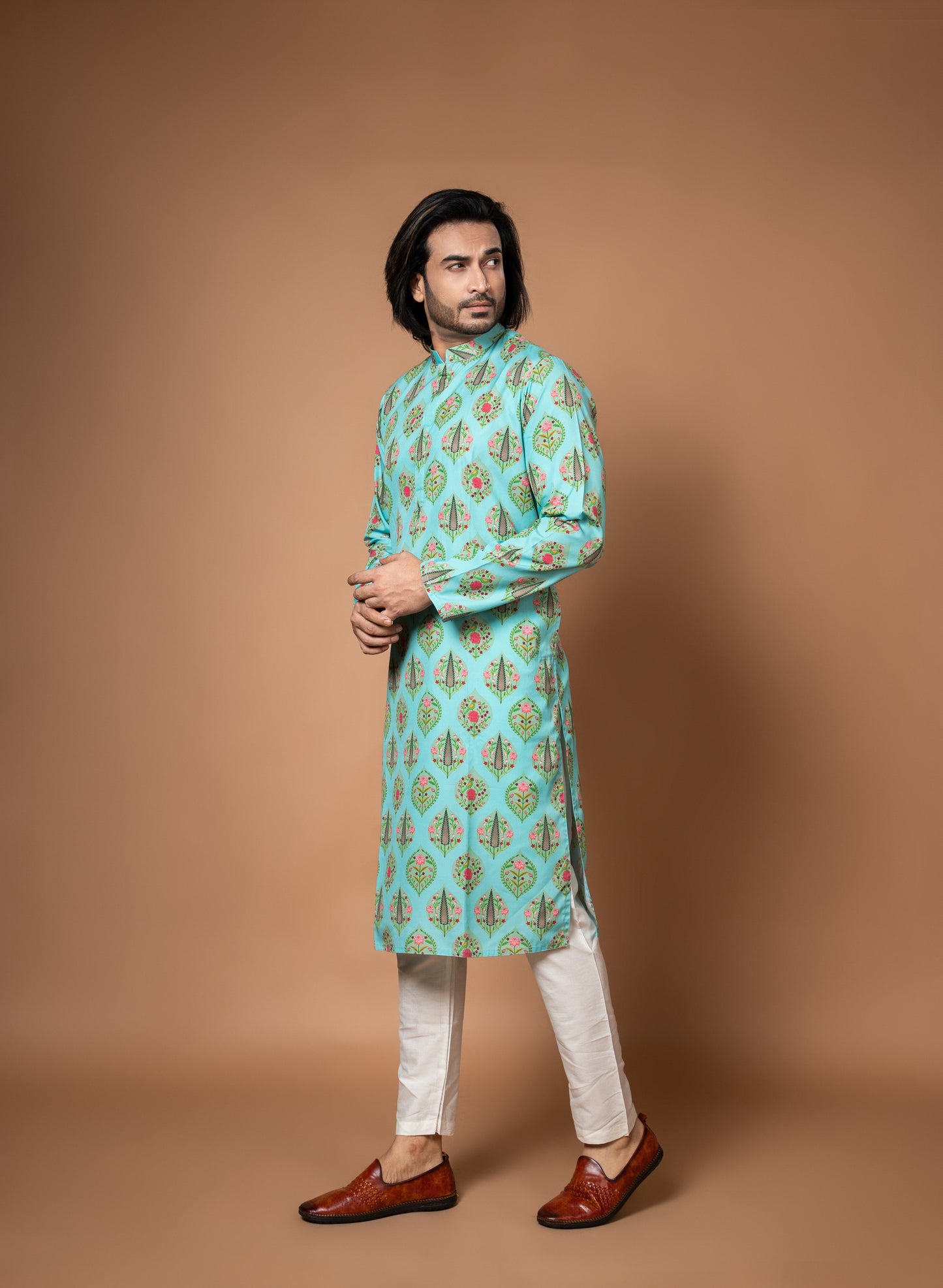 Aqua Blue Traditinal Printed Kurta With Pajamna Set