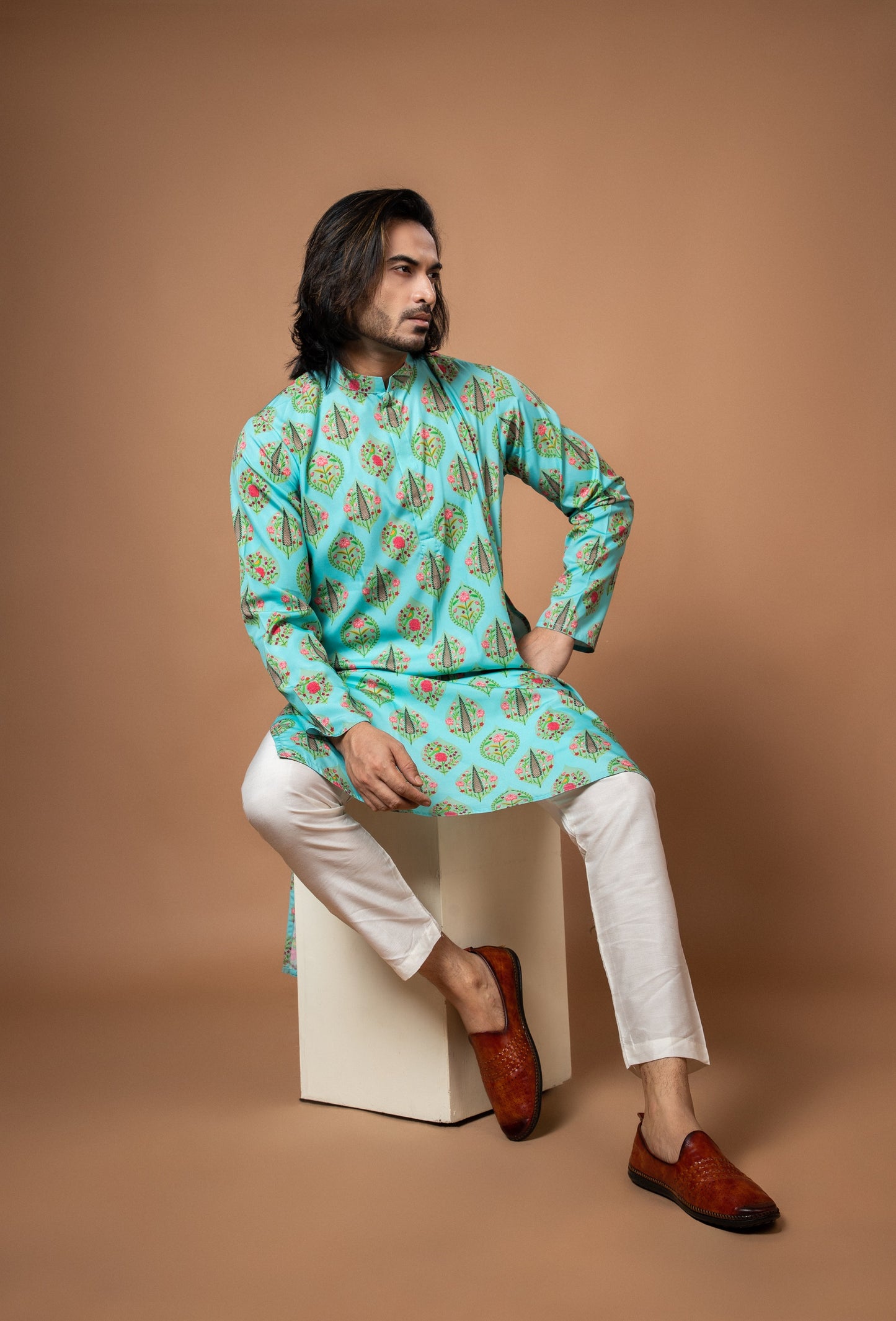 Aqua Blue Traditinal Printed Kurta With Pajamna Set