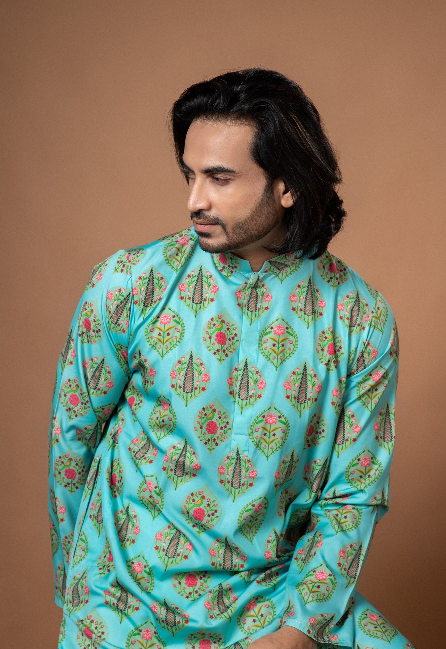 Aqua Blue Traditinal Printed Kurta With Pajamna Set