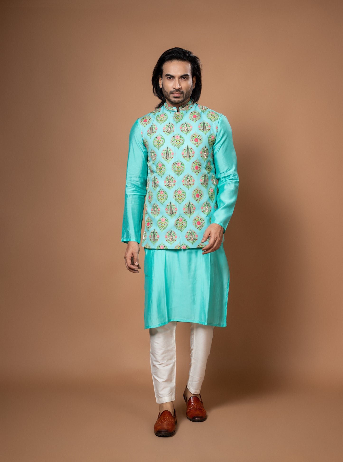 Aqua Blue Kurta With Applique Work With Zardosi Traditinal Printed Bundi With Pajamna Set