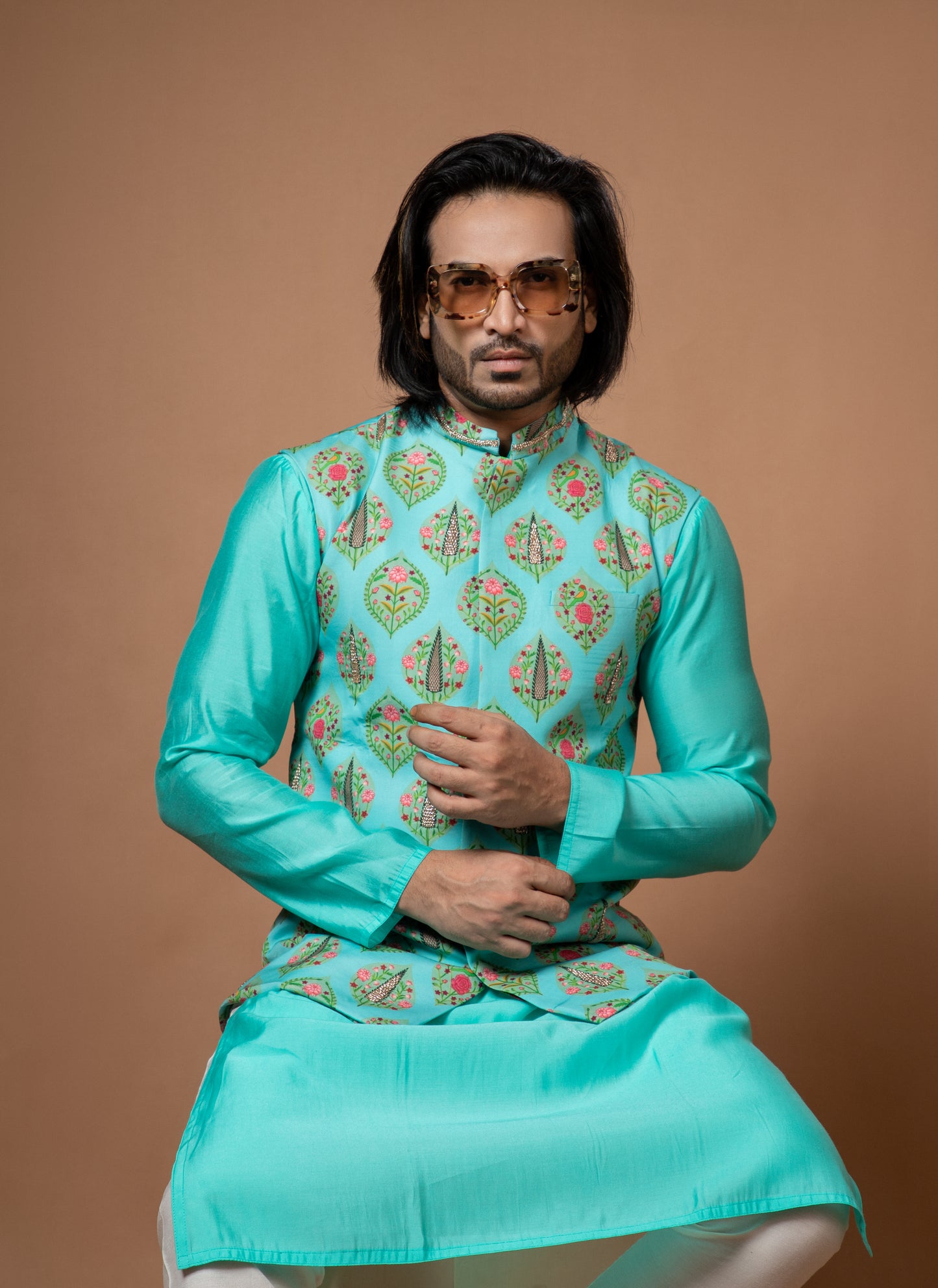 Aqua Blue Kurta With Applique Work With Zardosi Traditinal Printed Bundi With Pajamna Set