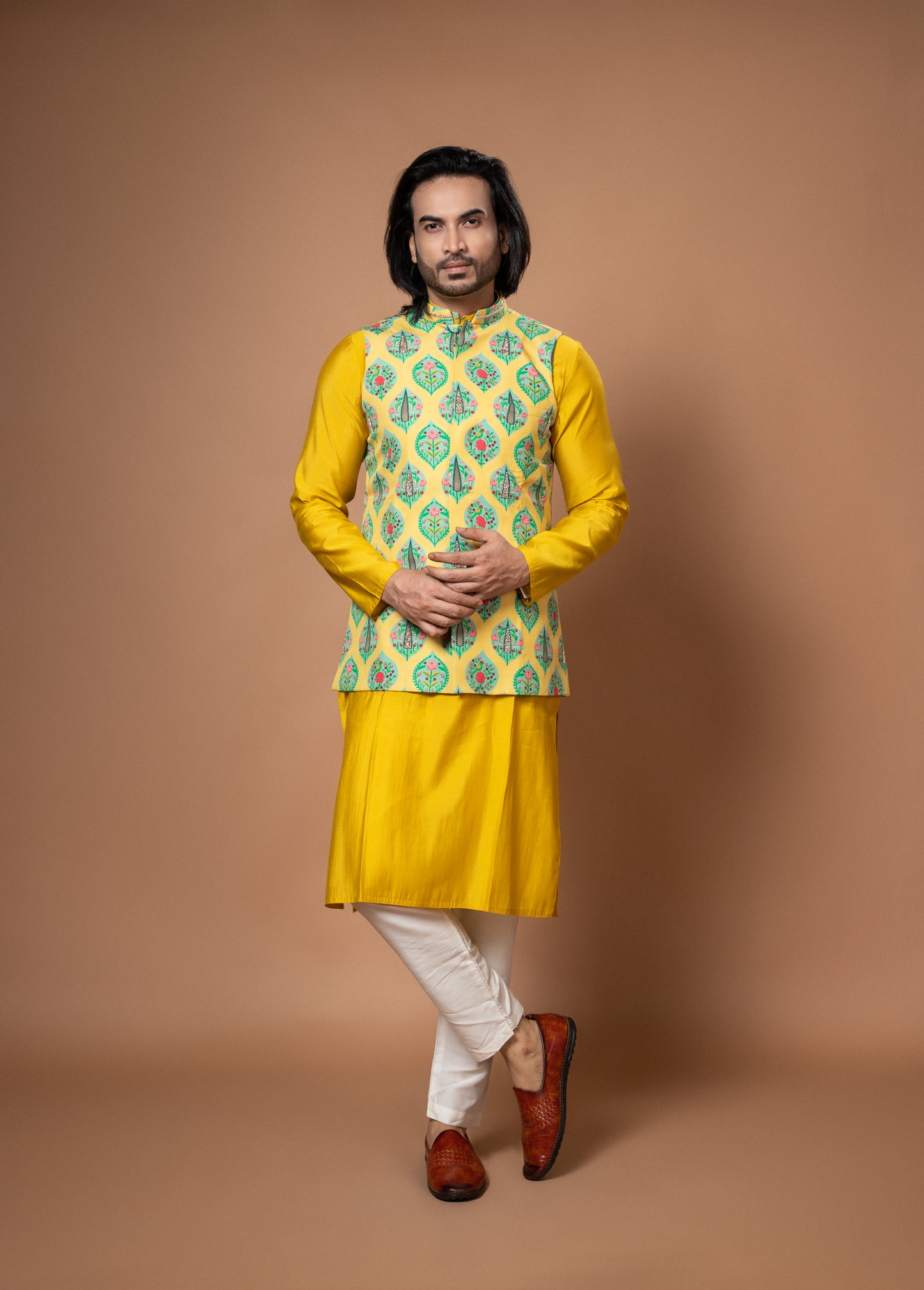 Mustard Yellow Kurta With Applique Work With Zardosi Traditinal Printed Bundi With Pajamna Set