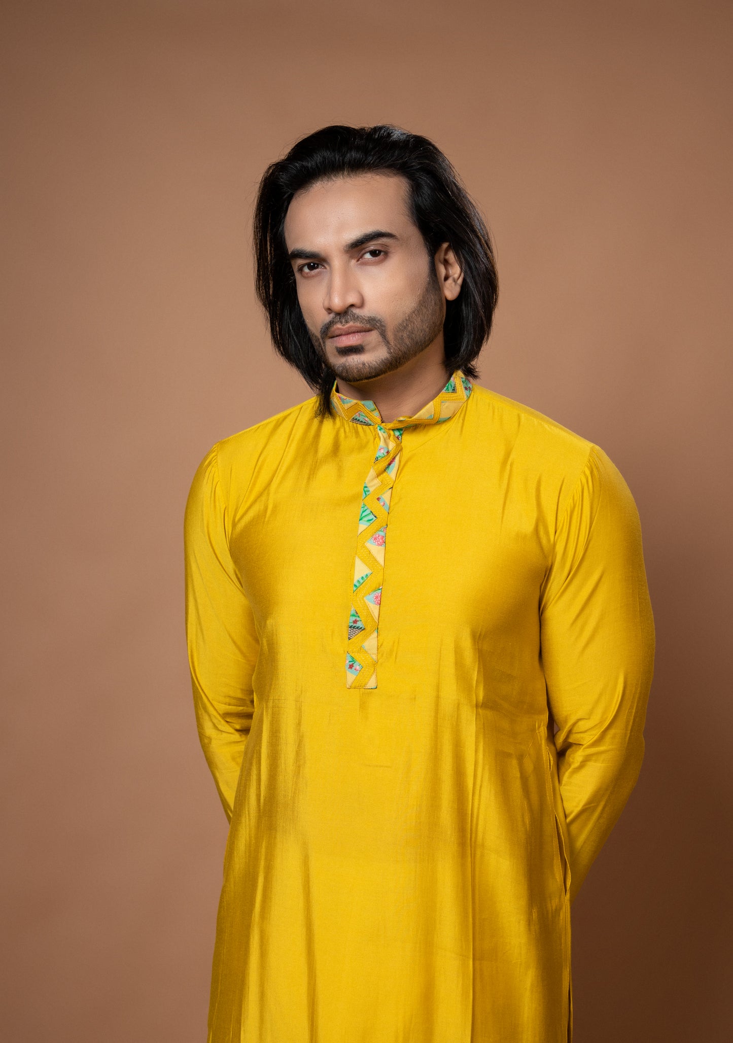 Mustard Yellow Kurta With Applique Work With Zardosi Traditinal Printed Bundi With Pajamna Set