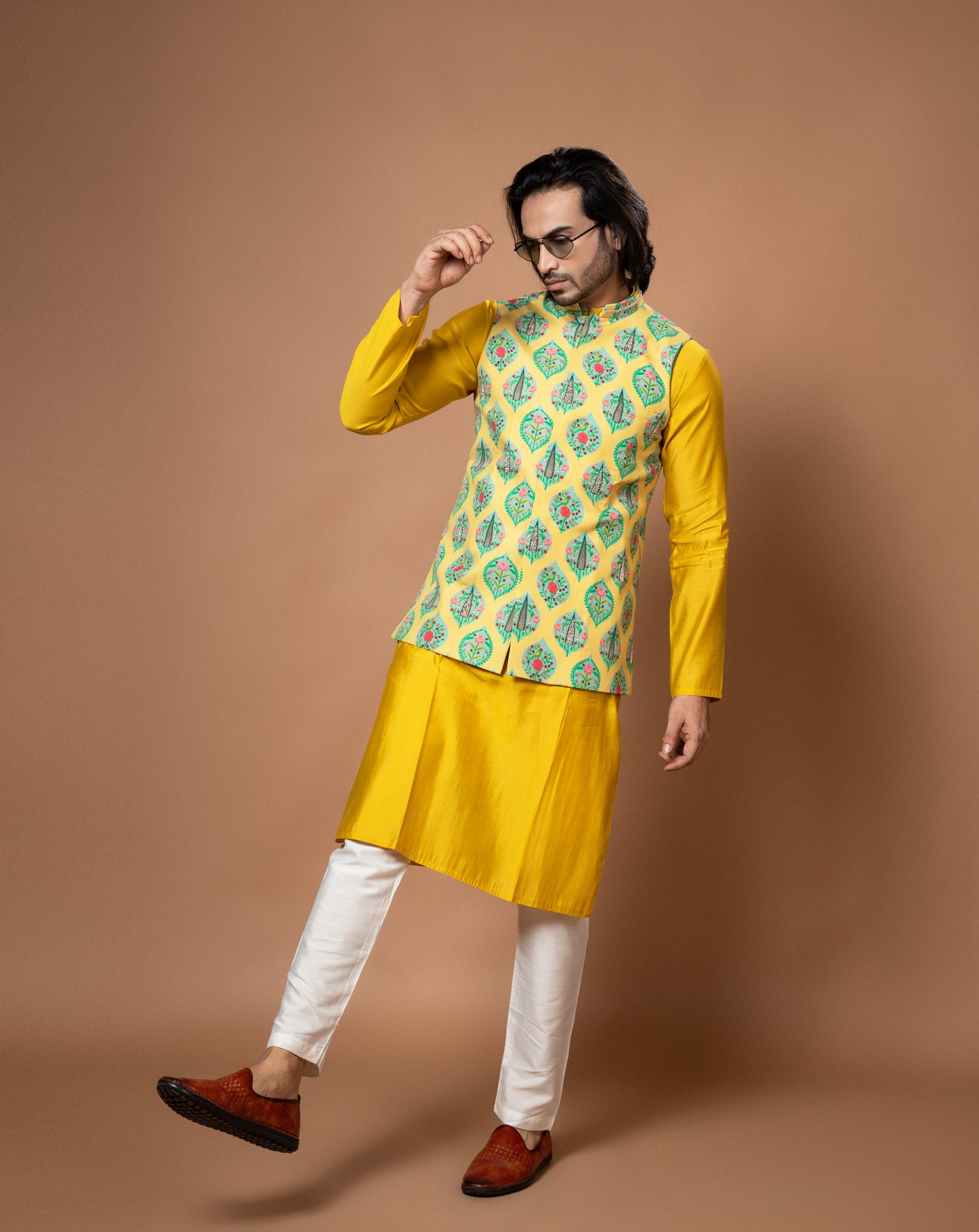 Mustard Yellow Kurta With Applique Work With Zardosi Traditinal Printed Bundi With Pajamna Set