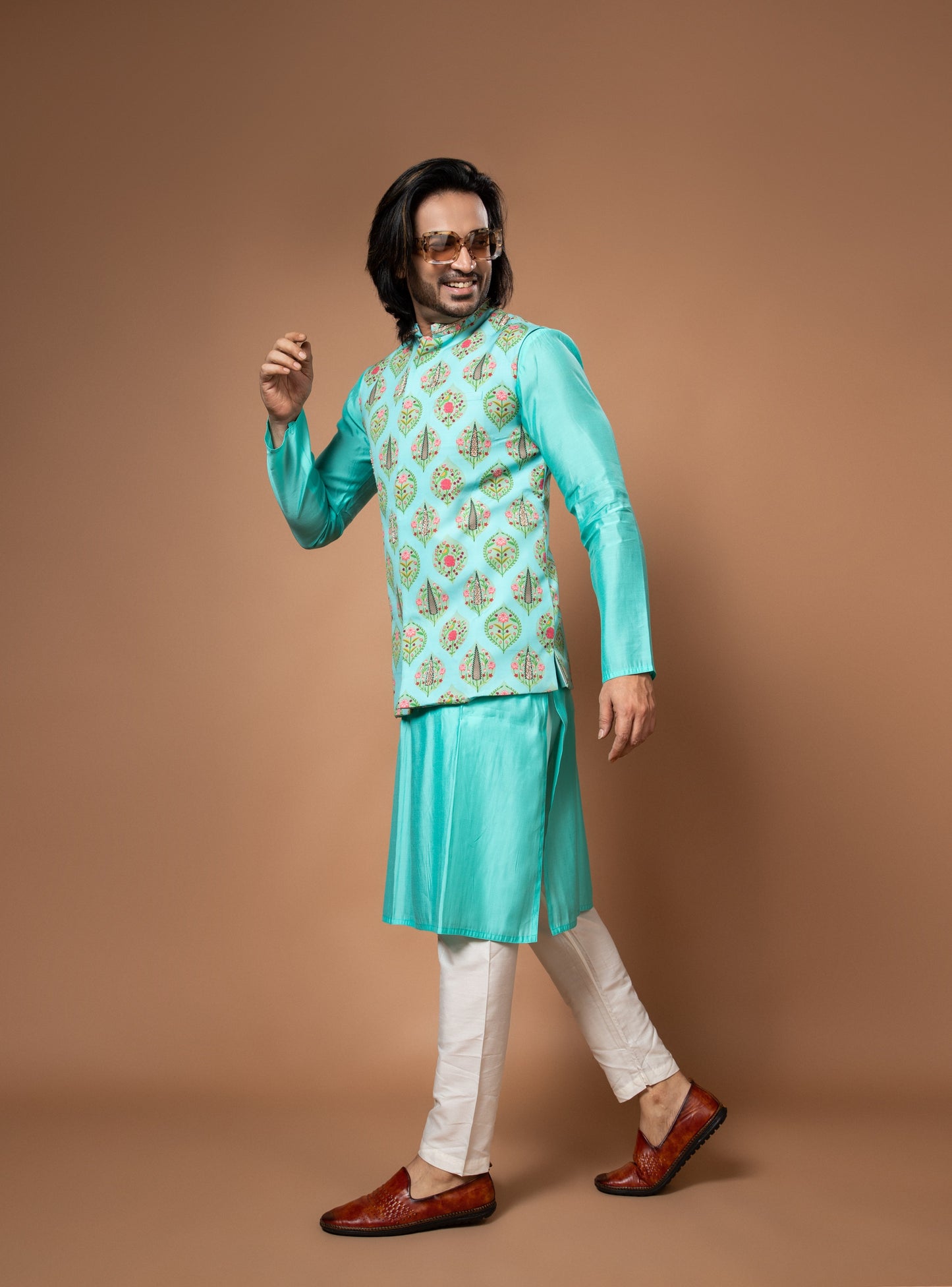 Aqua Blue Kurta With Applique Work With Zardosi Traditinal Printed Bundi With Pajamna Set