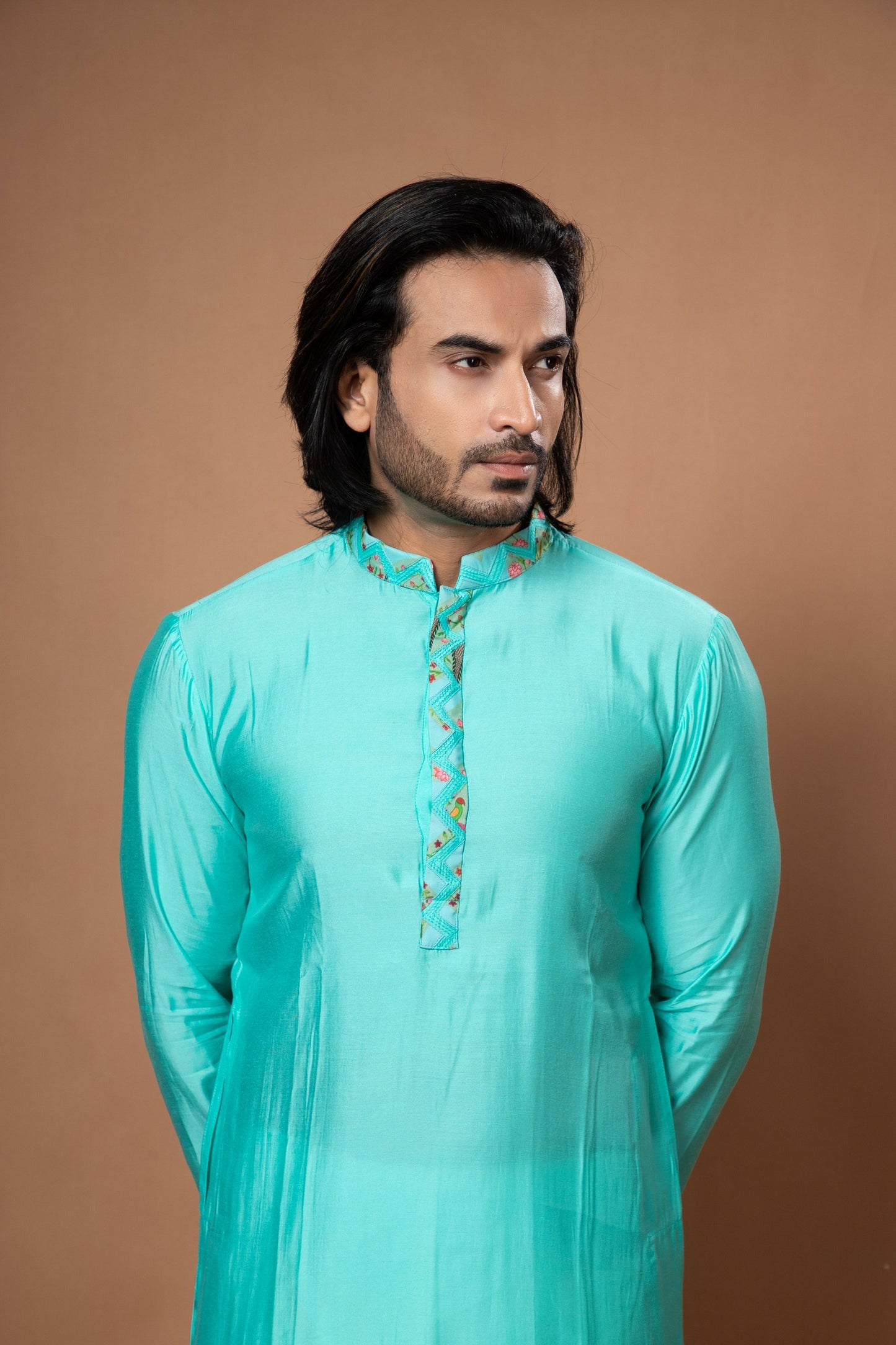 Aqua Blue Kurta With Applique Work With Zardosi Traditinal Printed Bundi With Pajamna Set