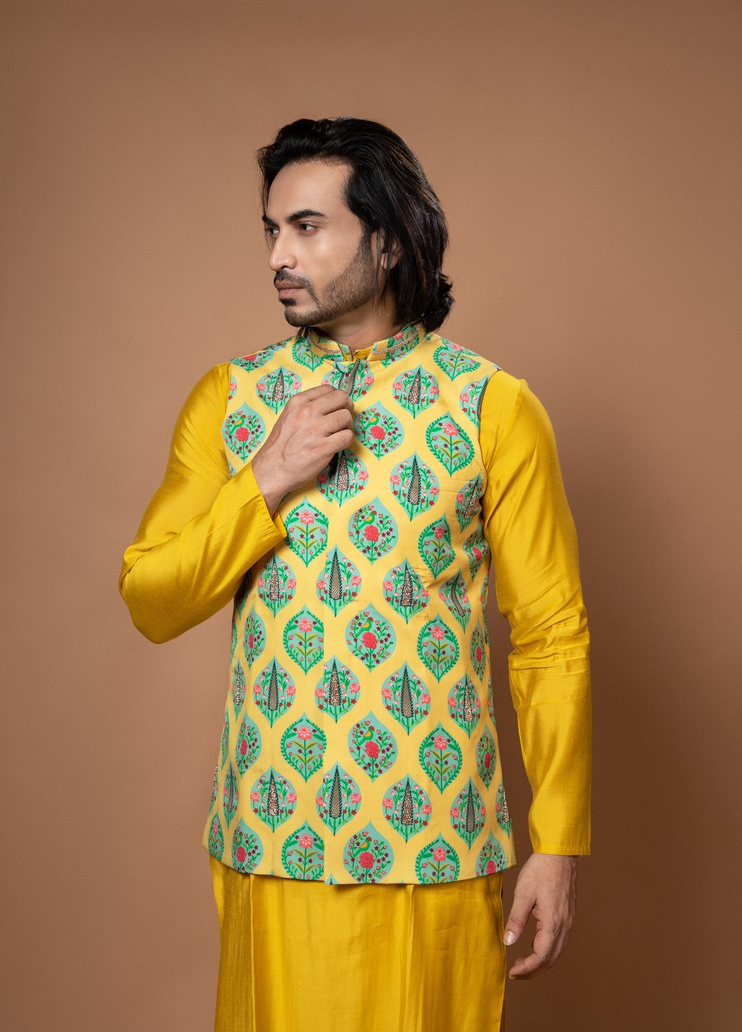 Mustard Yellow Traditional Printed With Zardosi Hand Work Bundiamernican Crape