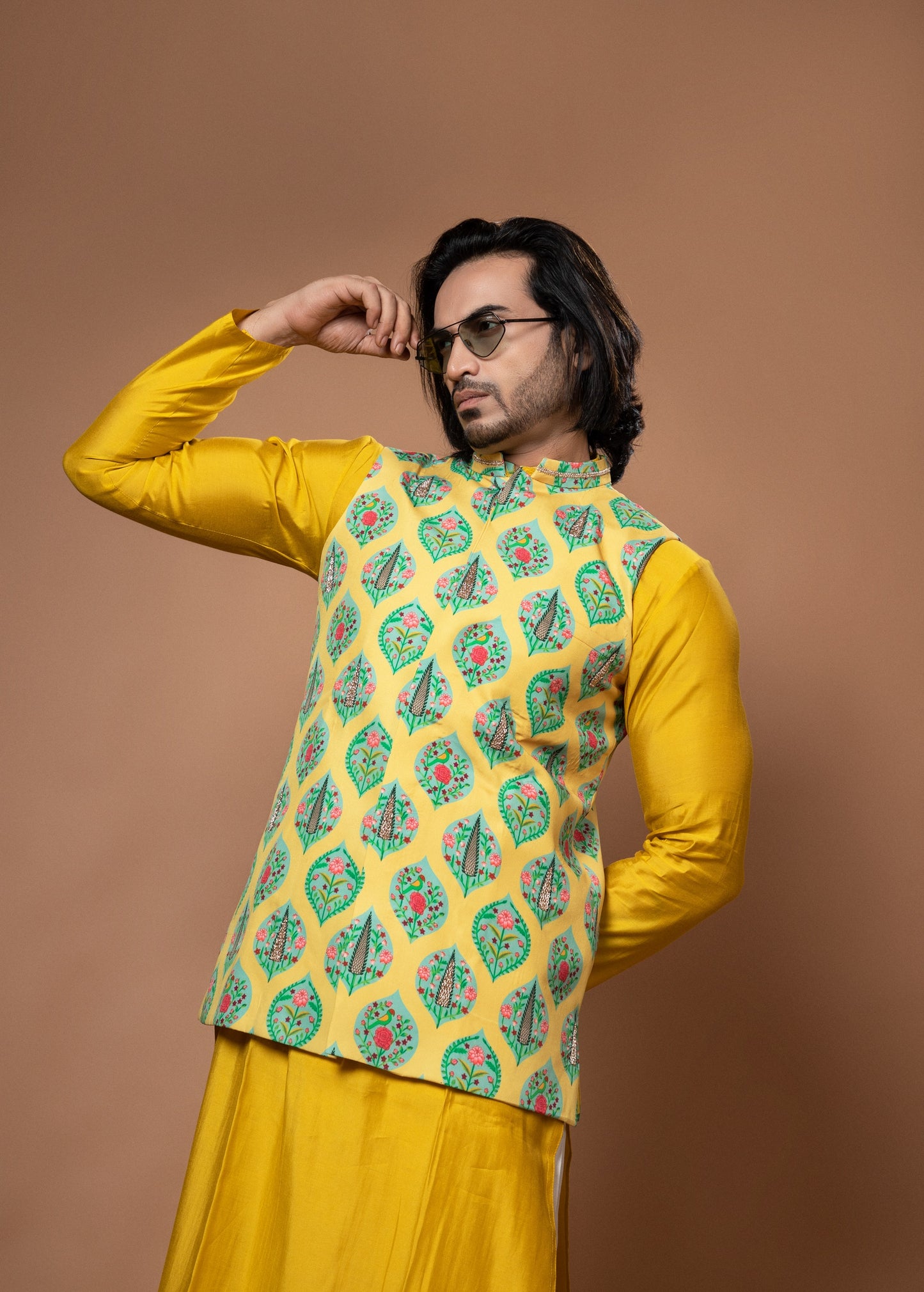 Mustard Yellow Traditional Printed With Zardosi Hand Work Bundiamernican Crape