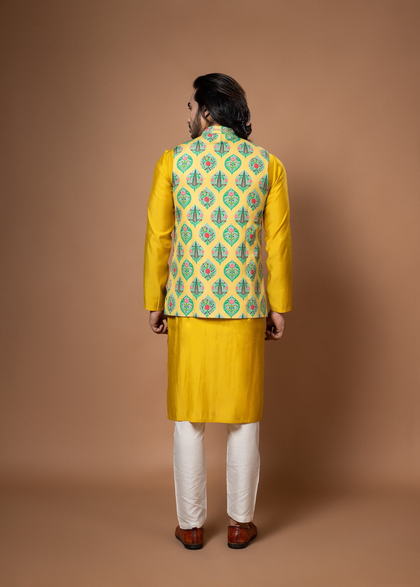 Mustard Yellow Traditional Printed With Zardosi Hand Work Bundiamernican Crape