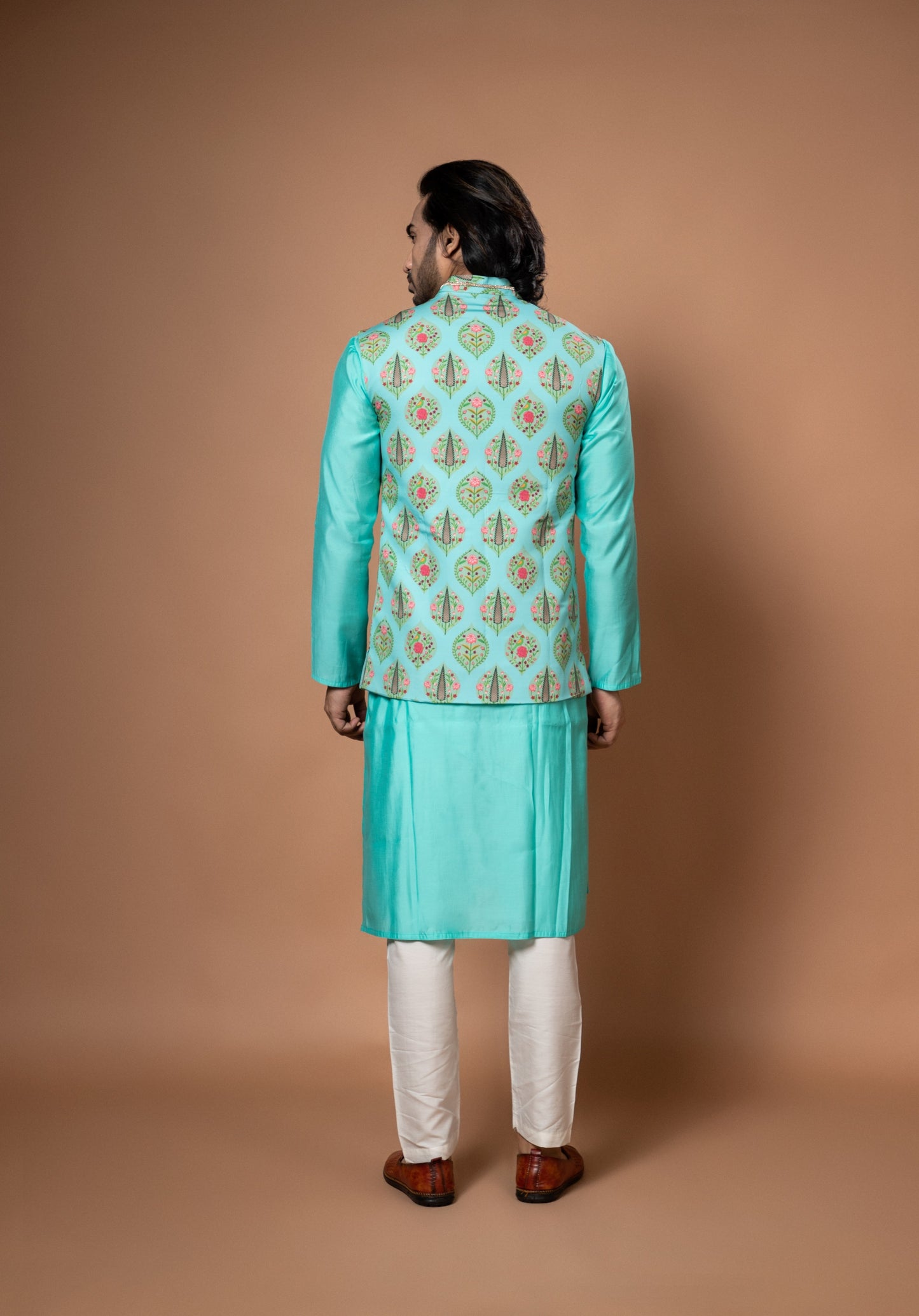 Aqua Blue Traditional Printed With Zardosi Hand Work Bundi