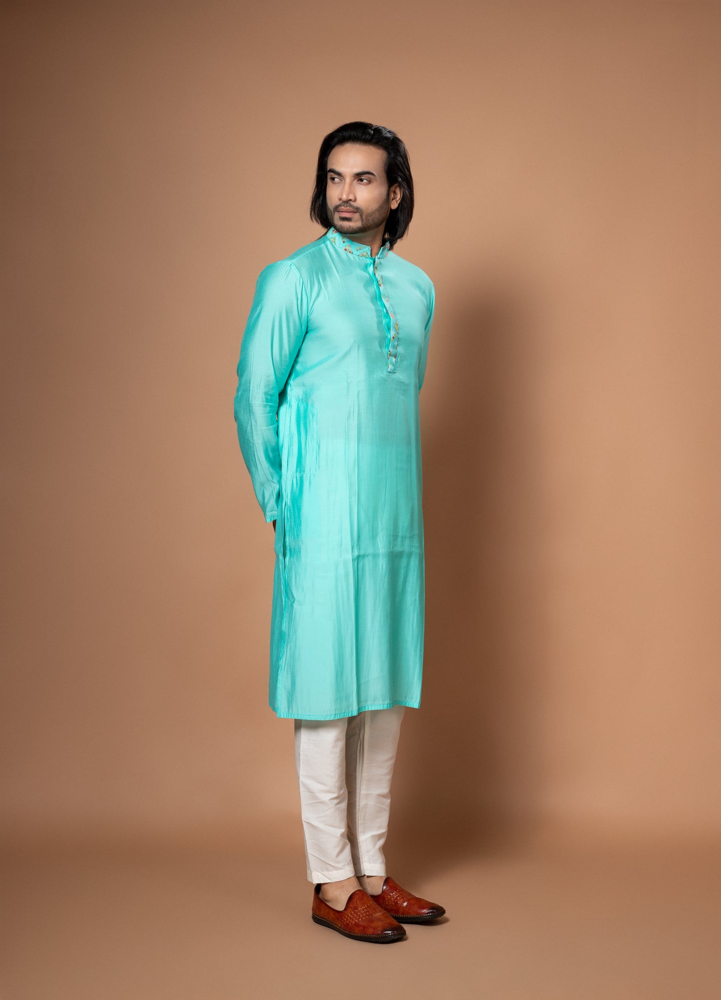 Aqua Blue Kurta With Applique Work Pajamna Set