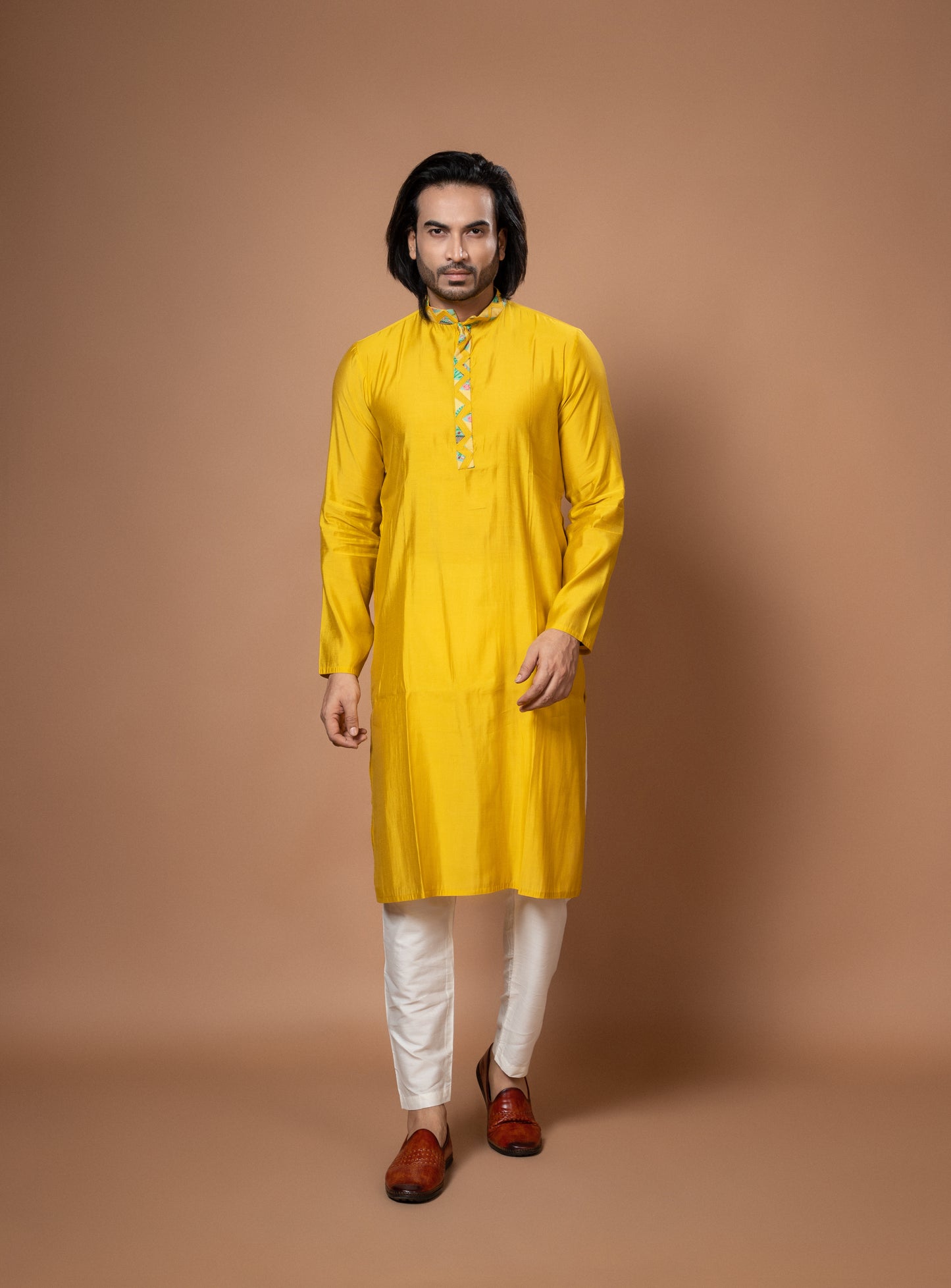 Mustard Yellow Kurta With Applique Work Pajamna Set