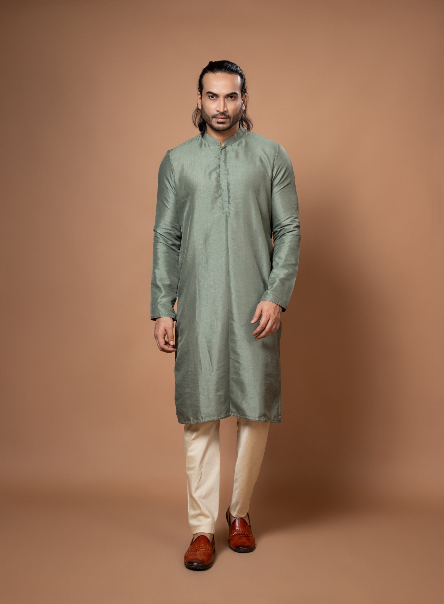 Olive Green Plain Kurta Pajamna Set