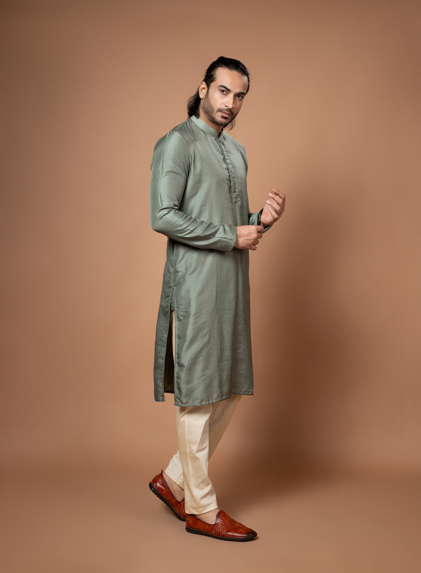 Olive Green Plain Kurta Pajamna Set