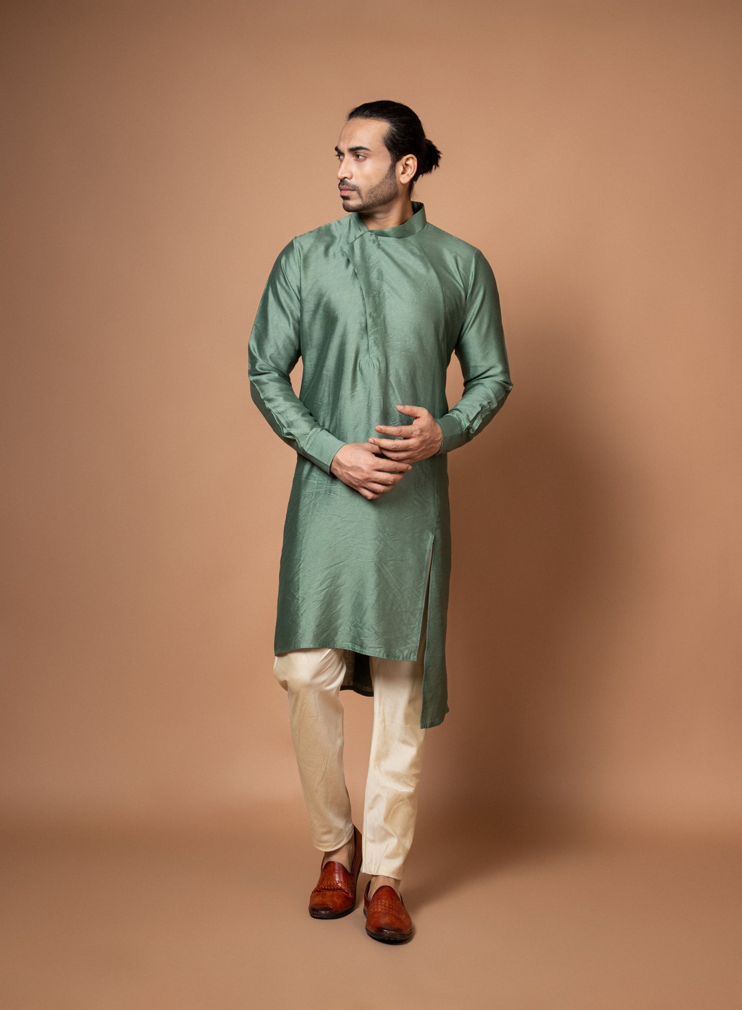 Olive Green Drape Stylish Kurta With Heavy Thread Embroidery Bundi Pajamna Set