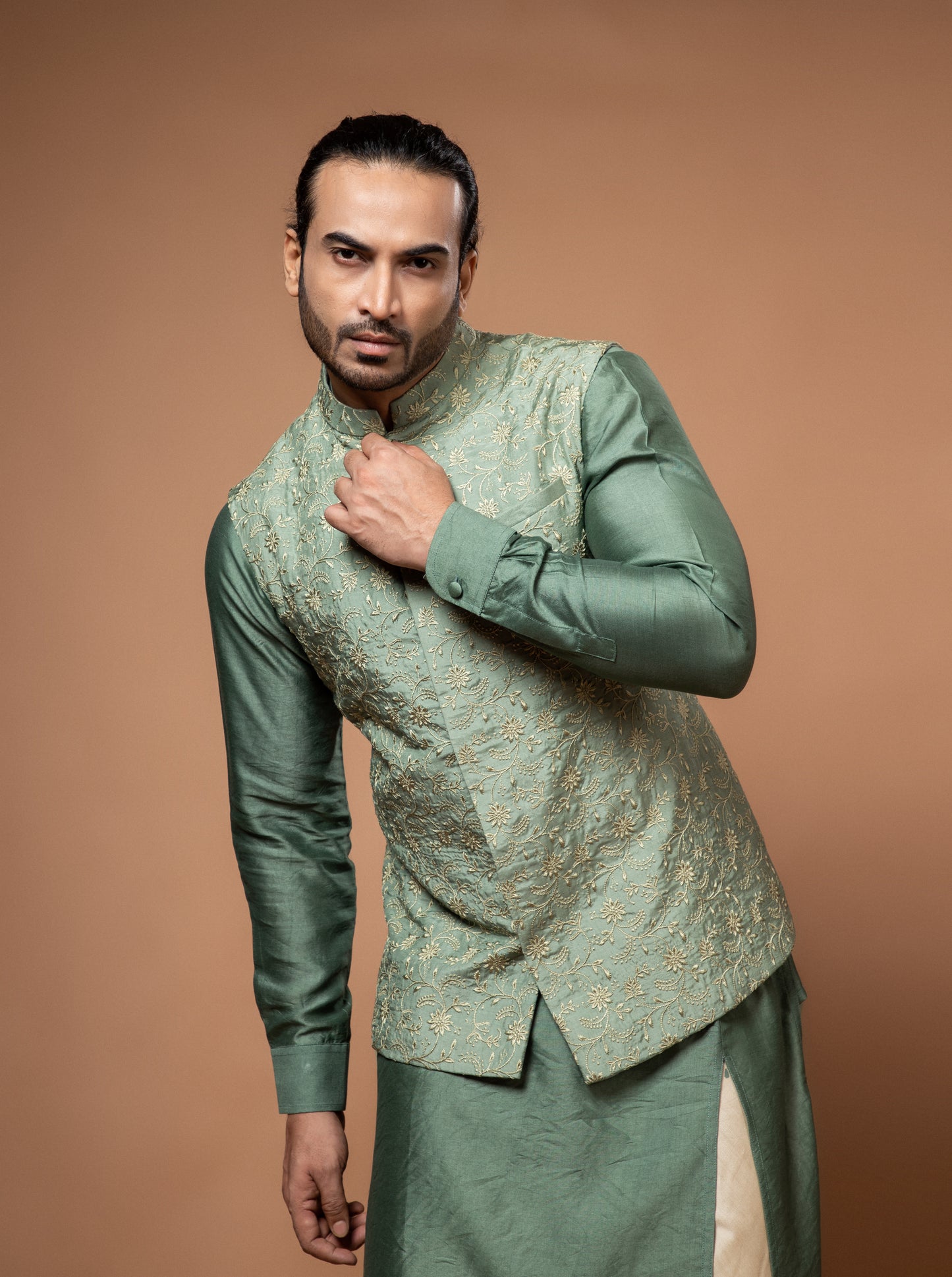 Olive Green Drape Stylish Kurta With Heavy Thread Embroidery Bundi Pajamna Set