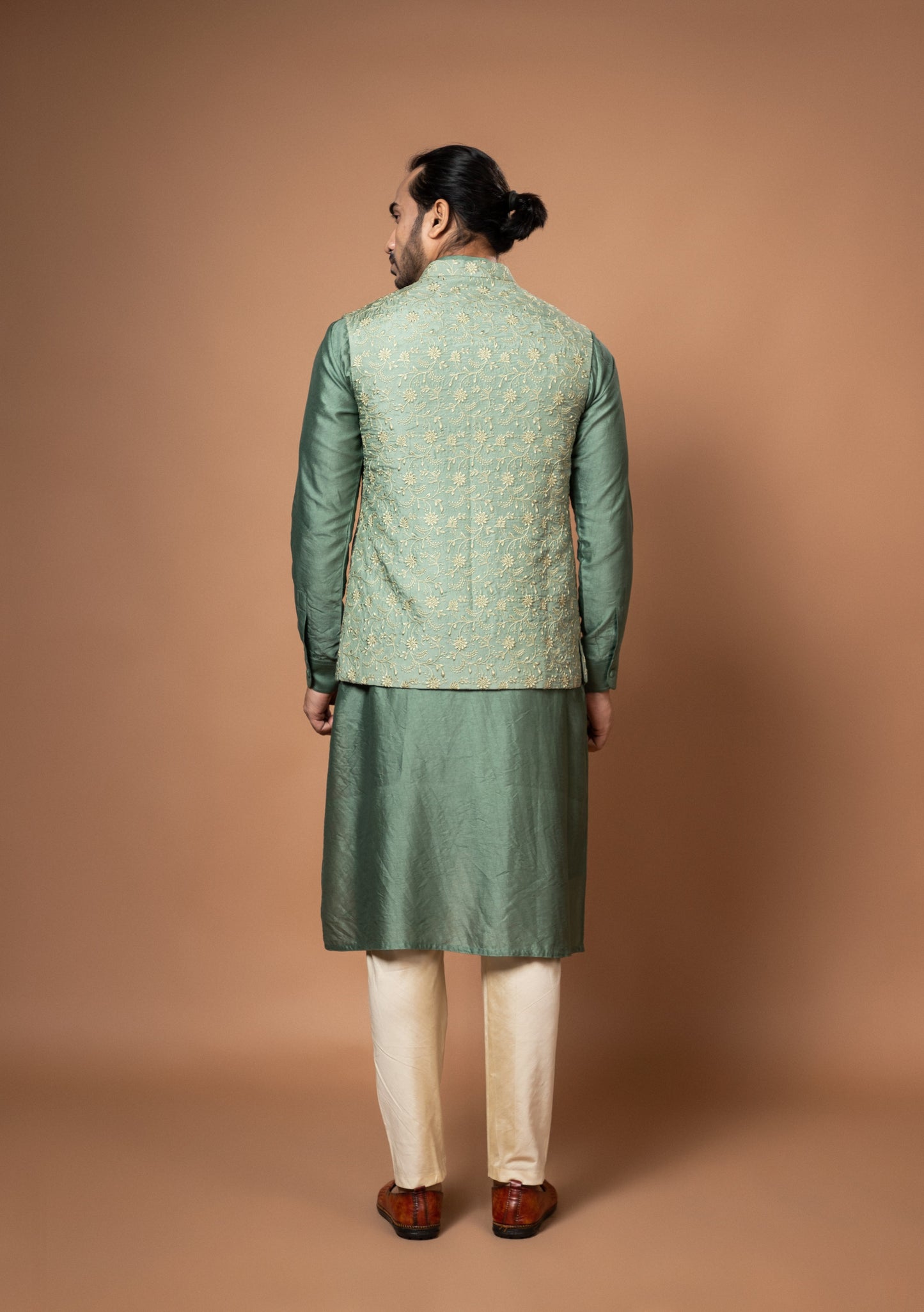 Olive Green Heavy Thread Embroidery Bundi