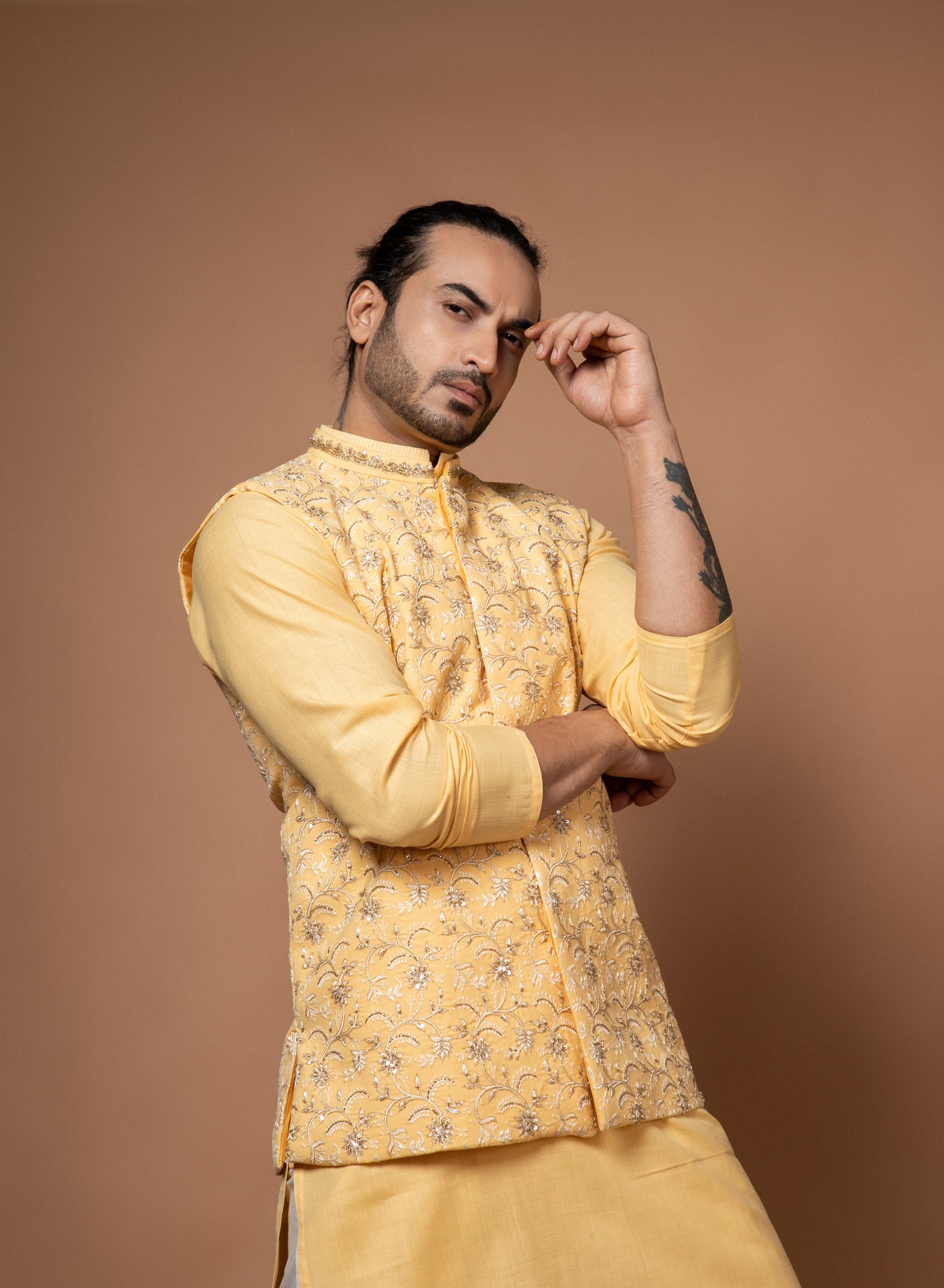 Lemon Yellow Kurta With Heavy Thread And Zardosi Embroidery Bundi Pajamna Set