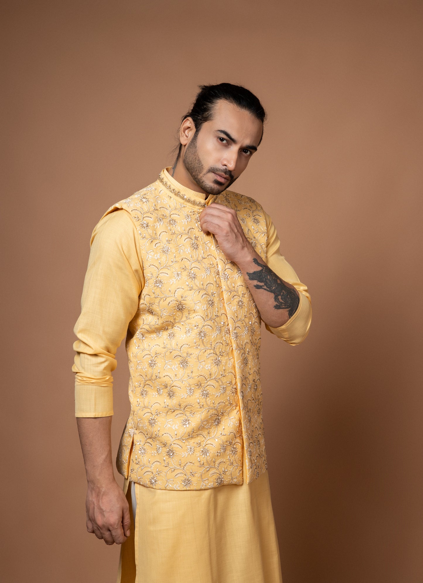 Lemon Yellow Kurta With Heavy Thread And Zardosi Embroidery Bundi Pajamna Set