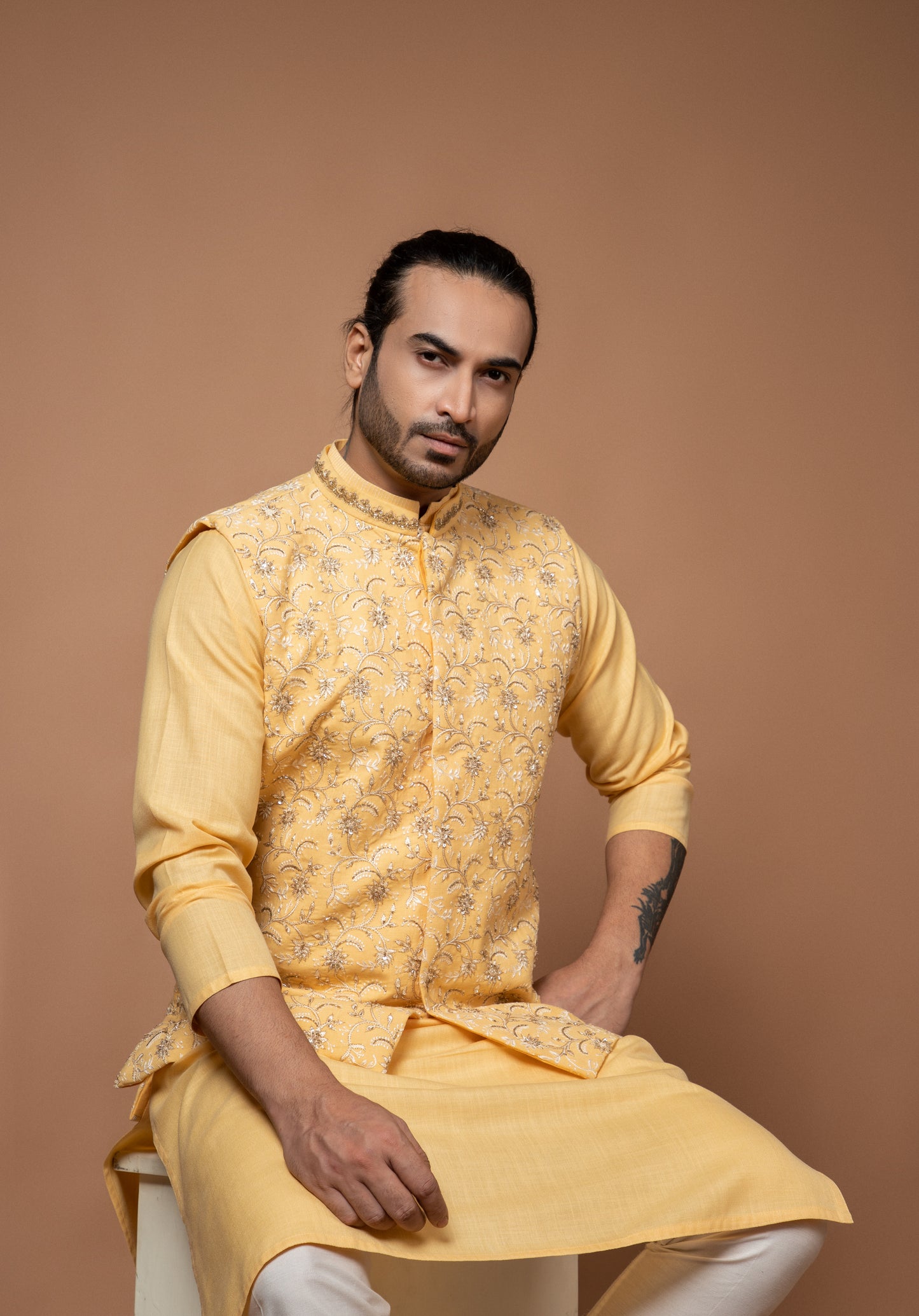 Lemon Yellow Kurta With Heavy Thread And Zardosi Embroidery Bundi Pajamna Set