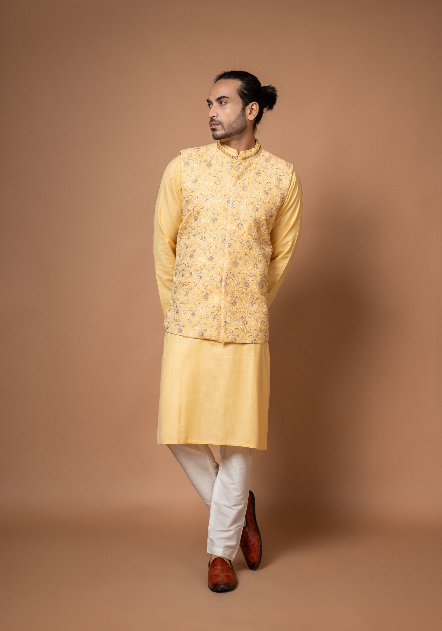 Lemon Yellow Kurta With Heavy Thread And Zardosi Embroidery Bundi Pajamna Set