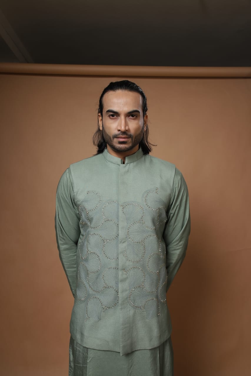 Olive Green Quirky Embroidery Bundi