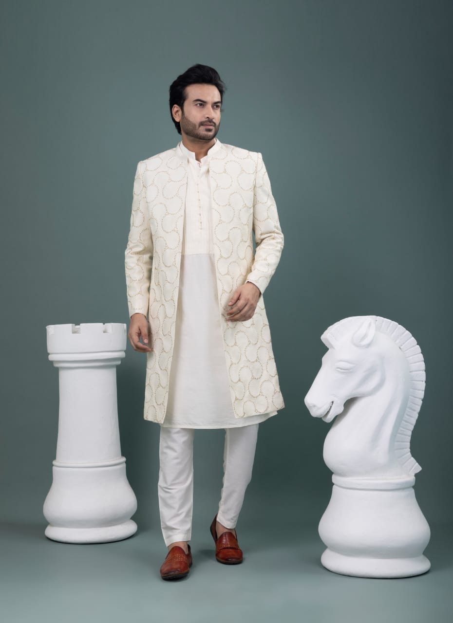 Ivory Sherwani With Kardana Hand Embroidered With Kurta And Pajama Set