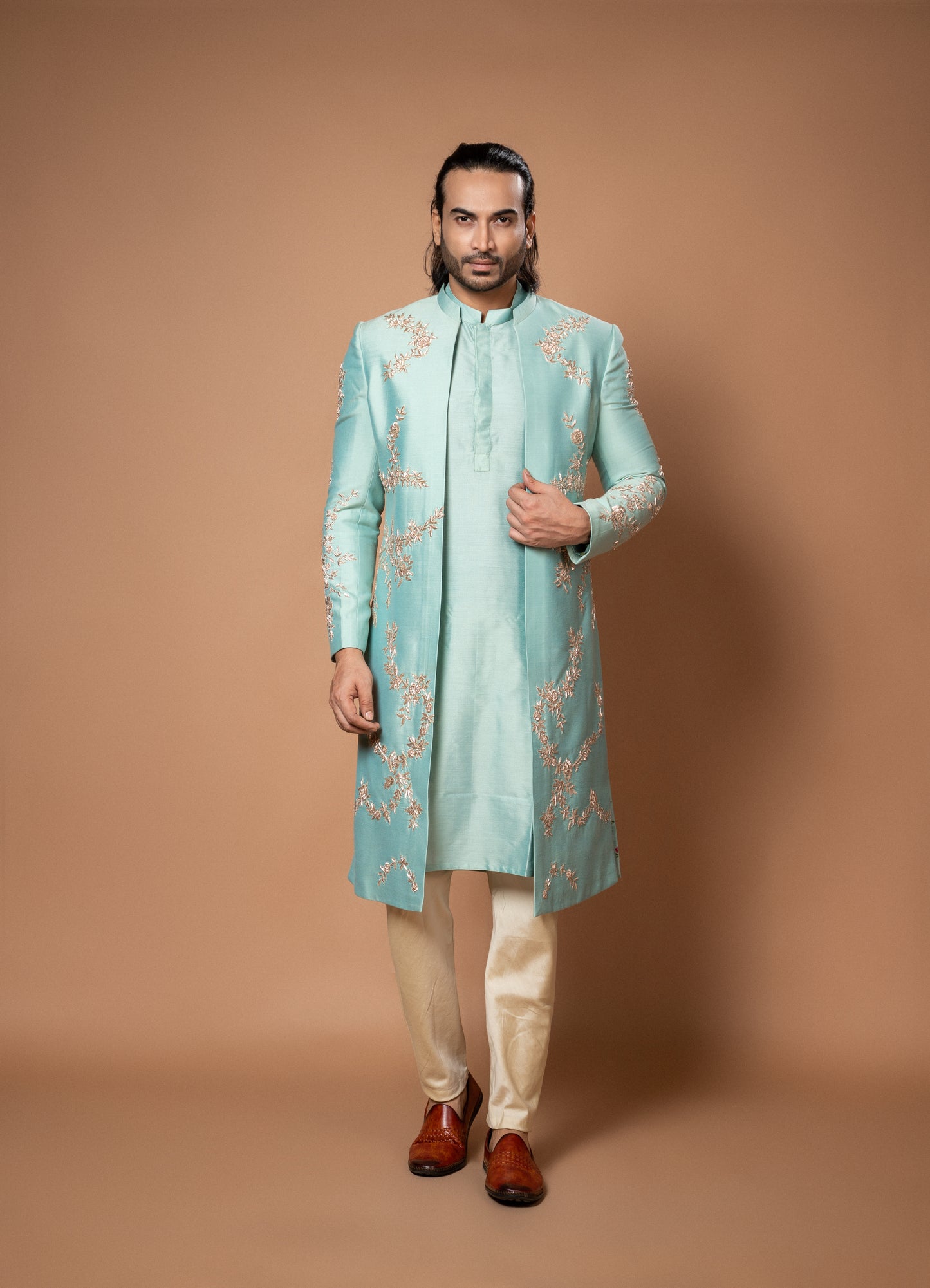 Aqua Blue Very Heavy Zardosi And Maal Hand Embroidery Sherwani With Kurta And Pajama Set