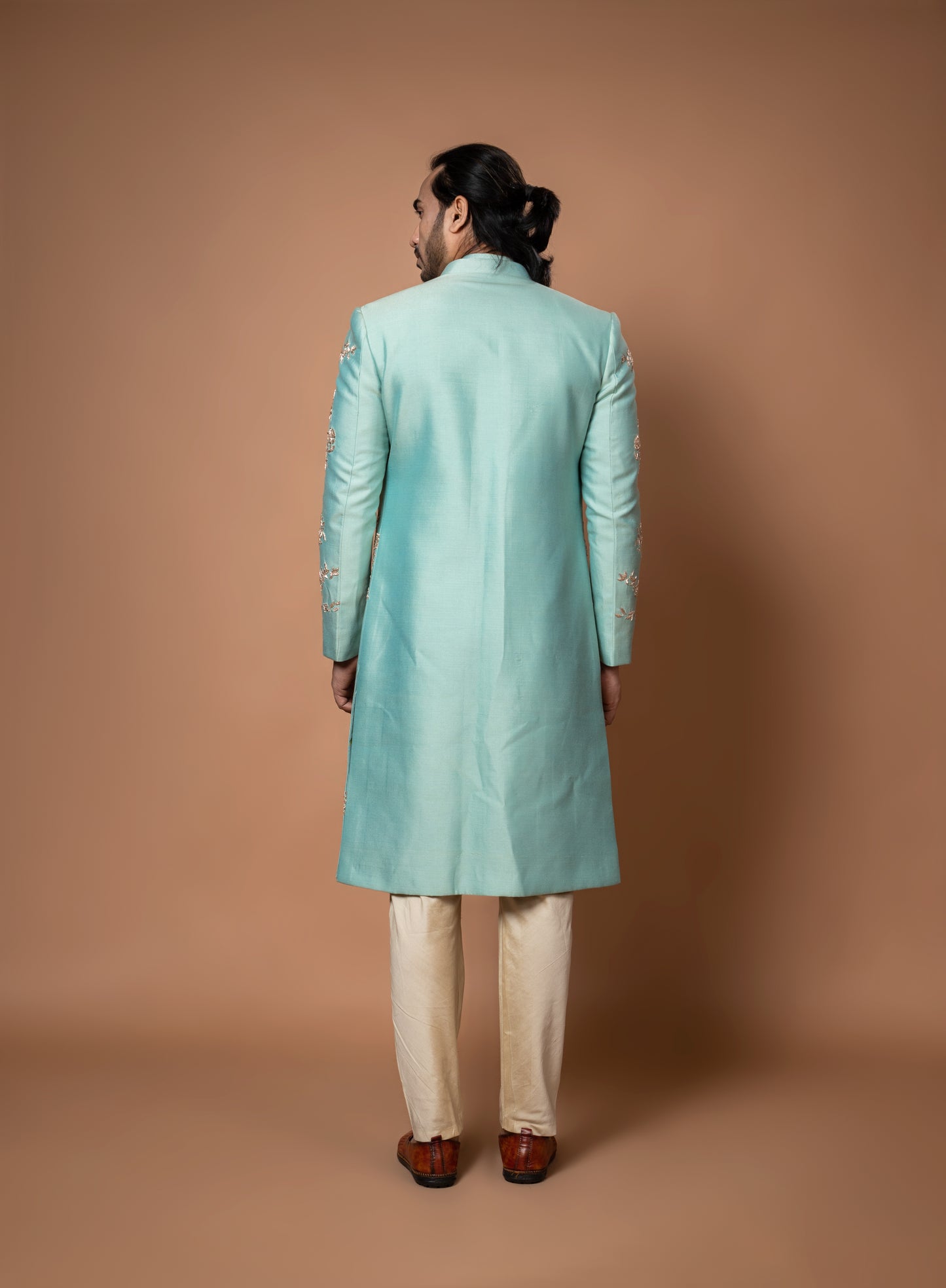 Aqua Blue Very Heavy Zardosi And Maal Hand Embroidery Sherwani With Kurta And Pajama Set