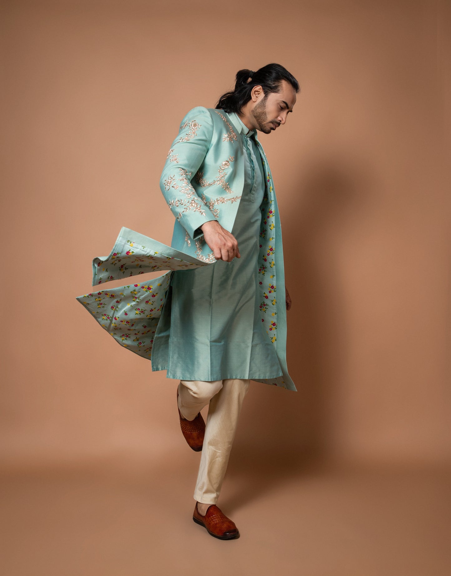 Aqua Blue Very Heavy Zardosi And Maal Hand Embroidery Sherwani With Kurta And Pajama Set