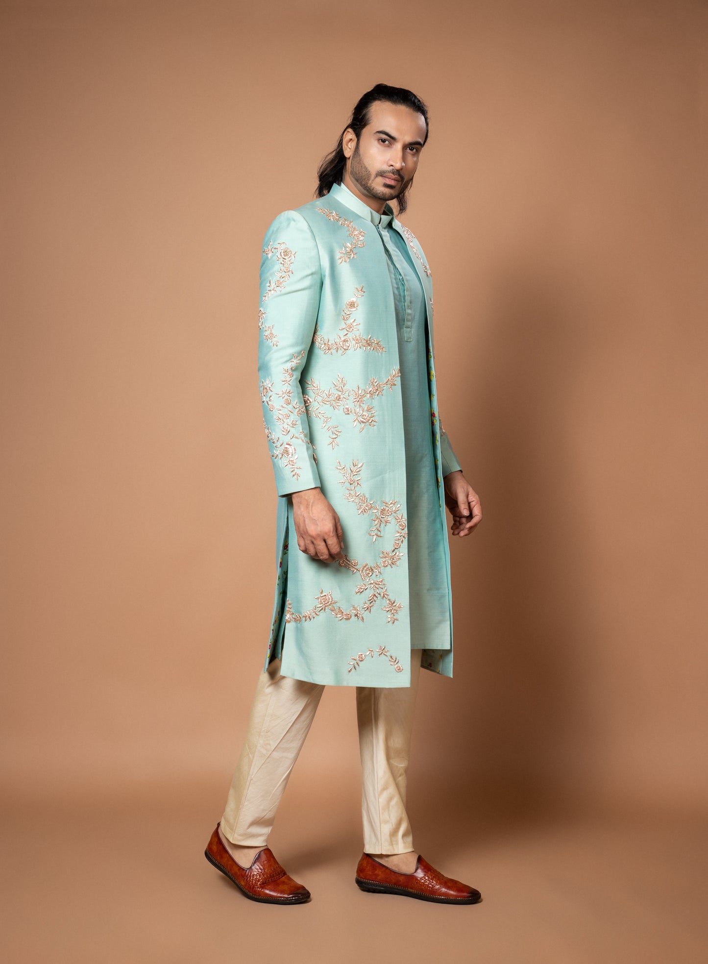 Aqua Blue Very Heavy Zardosi And Maal Hand Embroidery Sherwani With Kurta And Pajama Set