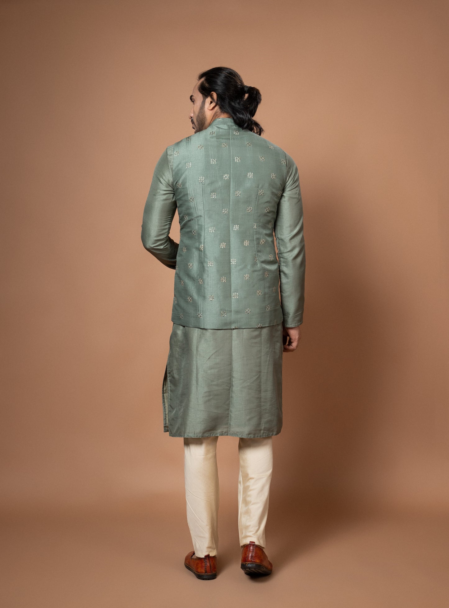 Olive Green Sequence And Thread Embroidered Bundi