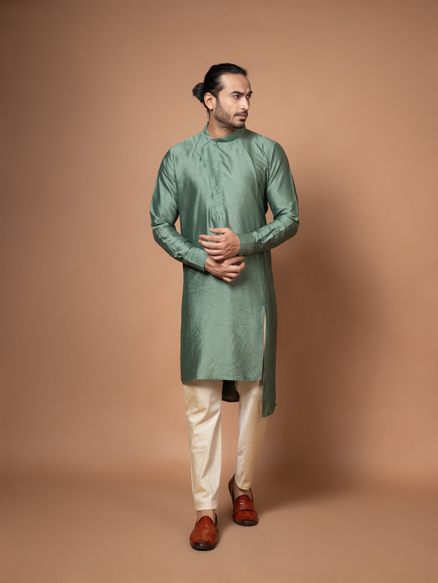 Olive Green Stylish Drape Kurta Pajamna Set