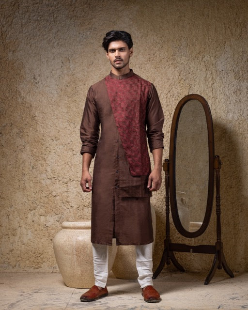 Brown Pintux And Thread Embroidery On Penel Of Front Open Stylish Kurta With Pajama Set