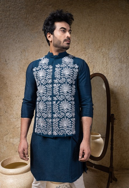 Navy Blue Zari Heavy Embroidery Bundi Jacket