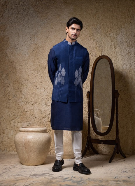 Navy Blue Kurta With Cord Embroidery Bundi Jacket With Pajama Set