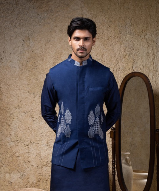 Navy Blue Cord Embroidery Bundi Jacket