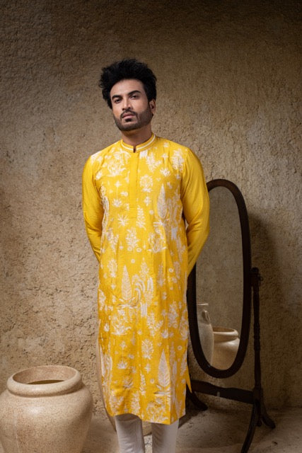 Yellow Heavy Cord Embroidery Kurta With Pajama Set