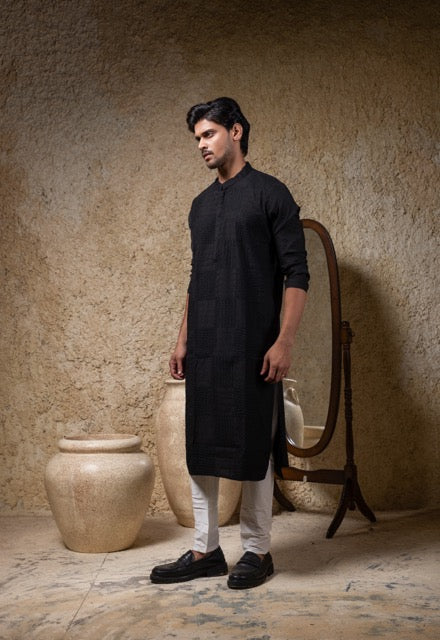 Black Heavy Box Cord Embroidery Kurta Pajama Set